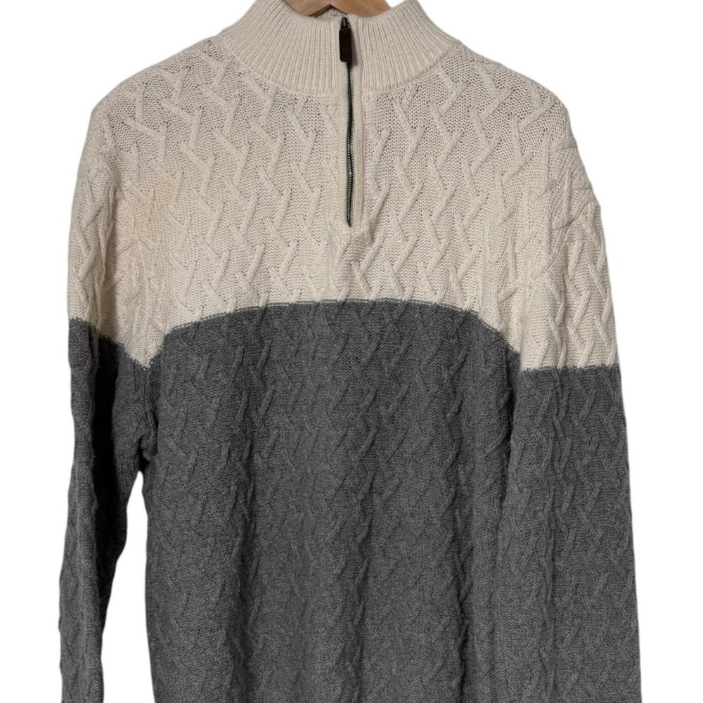 William Rast Mens XL Quarter Zip Cable Knit Sweater Grey Cream Colorblock